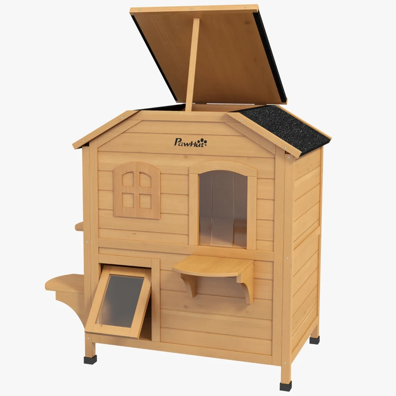Maison extérieure à chat, deux étages en bois avec toit ouvrable, espace salon, entrées amusantes pour chats – Image 3