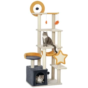 Arbre à chat sur le thème étoile et lune de avec griffoirs, appartement pour chat, lit, griffoir, jouets pour chats.
