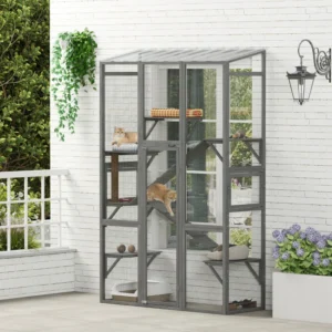 Enclos extérieurs pour chats en bois avec 6 plateformes de saut, griffoir, 2 rampes, toit étanche