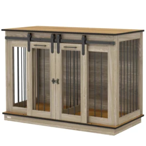 Meubles de 47 pouces avec panneau de séparation, meuble TV en bois pour caniers pour chiens de grande taille, table d’appoint pour animaux pour deux petits chiens avec deux pièces, 2 portes coulissantes.
