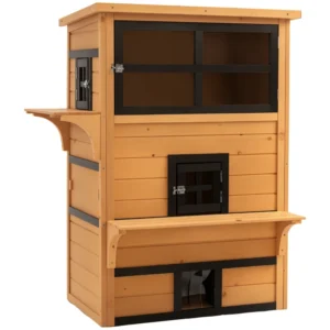 Maison pour chats, abri pour chats extérieur à 3 niveaux, résistant aux intempéries, avec porte d’évacuation