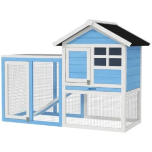 Clapier en bois de 49" étanche avec toit incliné et enclos extérieur grillagé.