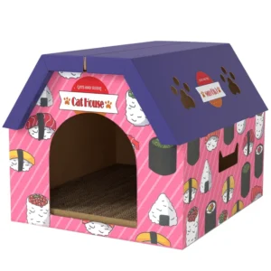Maison griffoir a pour chats, tapis à griffer en carton 2 en 1 avec porte, 4 bouches d’aération en forme de patte et de l’herbe pour l’intérieur