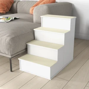 Escalier pour animaux à 4 niveaux, bois et tapis antidérapant.