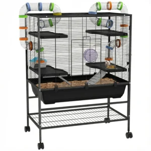 Cage à hamster roulante de 43" avec système de tubes tunnel, étagère de rangement, roue d’exercice, gamelle alimentaire, gourde, et rampe