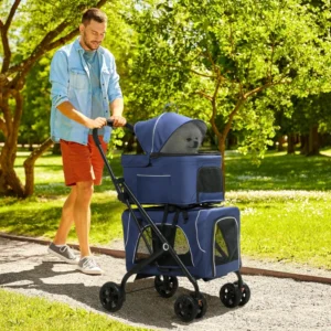Poussette double 3-en-1 pour petits chiens miniatures avec transporteur amovible, sac de transport pliable, siège auto.