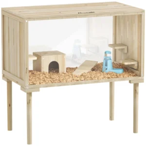 Cage à hamster en bois de 28" de large avec bascule, gourde, plat alimentaire, cabane, panneau transparent pour une observation facile.