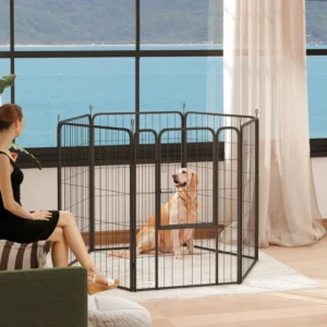 Parc de jeu pour petits chiens, chiots, Idéal pour lapins, furets, cochons d’Inde, 6 Panneaux Robuste intérieur extérieur avec porte et sangle, 39" de hauteur portable et pliable parc pour animaux.