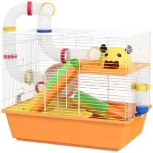 Cage à hamster nain à 3 niveaux avec tunnels, gourde, et roue d’exercice.
