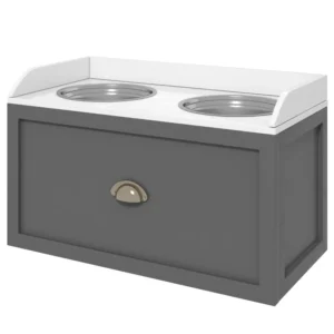Station d’alimentation pour animaux avec rangement 2 gamelles en acier inoxydable.