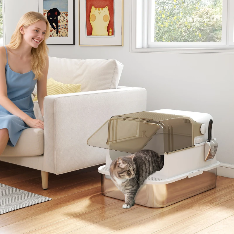 Bac à litière pour chat en acier inoxydable enclos facile à nettoyer avec couvercle à cuillère et couvercle rabattable. – Image 3