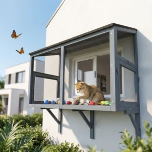 Terrier extérieur pour chats Catio Jardinier en bois extensible avec 2 portes pour fenêtre, 39,4"L