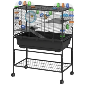 Cage à hamster à 3 étages à roulettes avec plateau de 7" de profondeur, étagère de rangement, grande roue d’exercice, et système de tubes