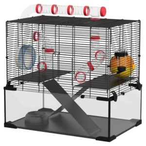 Cage à hamsters avec fond en verre profond, système de tunnel, plateformes, hutte, roue d’exercice, et gourde