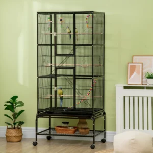 Cage à oiseaux de 71" avec perchoirs à roulettes, rampe, étagère de rangement