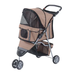 Poussette 3 roues pliante pour chiens avec panier de rangement, auvent réglable, porte gobelet pour petits chiens miniatures et petits