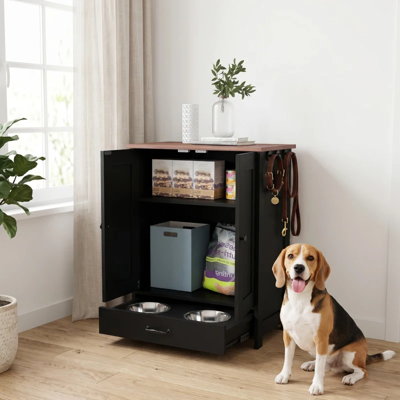 Meuble de stockage de nourriture pour animaux Station d’alimentation pour chiens avec panneau réglable, crochets, pour chiens de taille moyenne. – Image 3