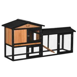 Clapier en bois 69"L enclos pour animaux avec boîte à courir, plateau coulissant, et rampe.
