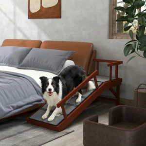 Rampe en bois pour chiens de grande taille, 73" de long, avec tapis antidérapant, garde-corps amovibles pour canapé, et lit.