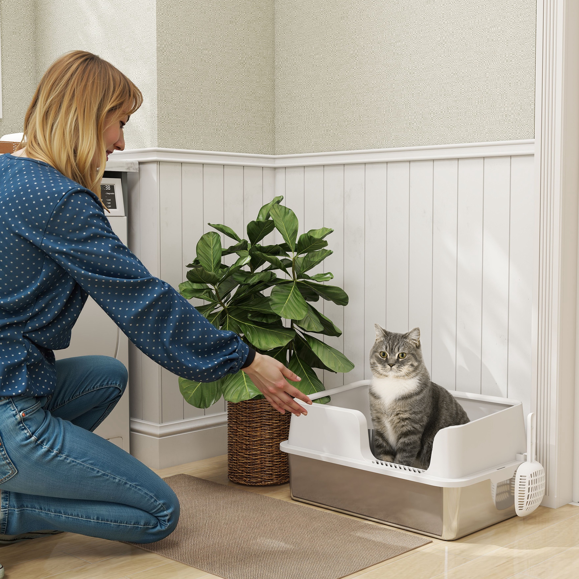 Litière pour chat en acier inoxydable avec couvercle et cuillerée, côté haut, antiadhésif, anti-fuite d’urine, nettoyage facile. – Image 2