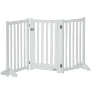 Porte pliante  de 31,5" de haut avec porte, 3 panneaux barrières autoportantes pour animaux intérieures avec pieds de soutien.