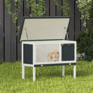 Clapier en bois pour lapin avec plateau coulissant, toit ouvrable.