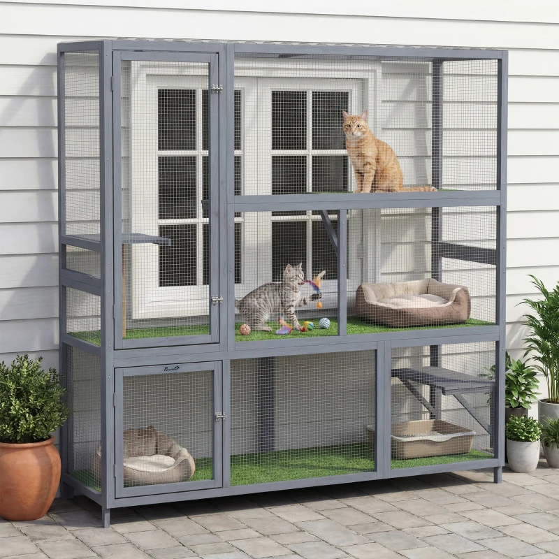 Terrarium extérieur pour chats Catio, maison en bois avec toit étanche, plateformes et griffoir – Image 3