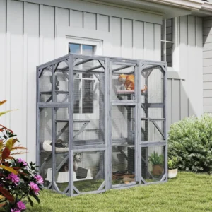 Enclos extérieurs pour chats avec 6 plateformes de saut, toit étanche, grande porte d’entrée pour 1 à 3 chats,
