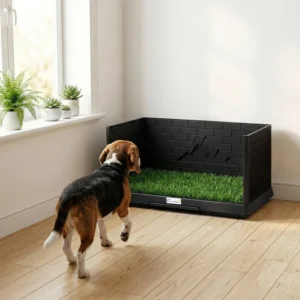 Tapis d’herbe avec hautes parois et plateau, plateau pour toilettes d’intérieur pour l’éducation du chiot, porte-tapis avec gazon synthétique.