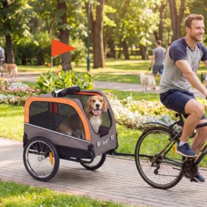 Remorque à vélo, Wagon pour animaux et wagon pour transport pour voyager avec 2 portes, grandes roues, drapeau de sécurité.