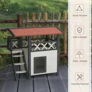 Abri en bois de 2 étages pour chats avec toit en asphalte, escaliers, et balcon
