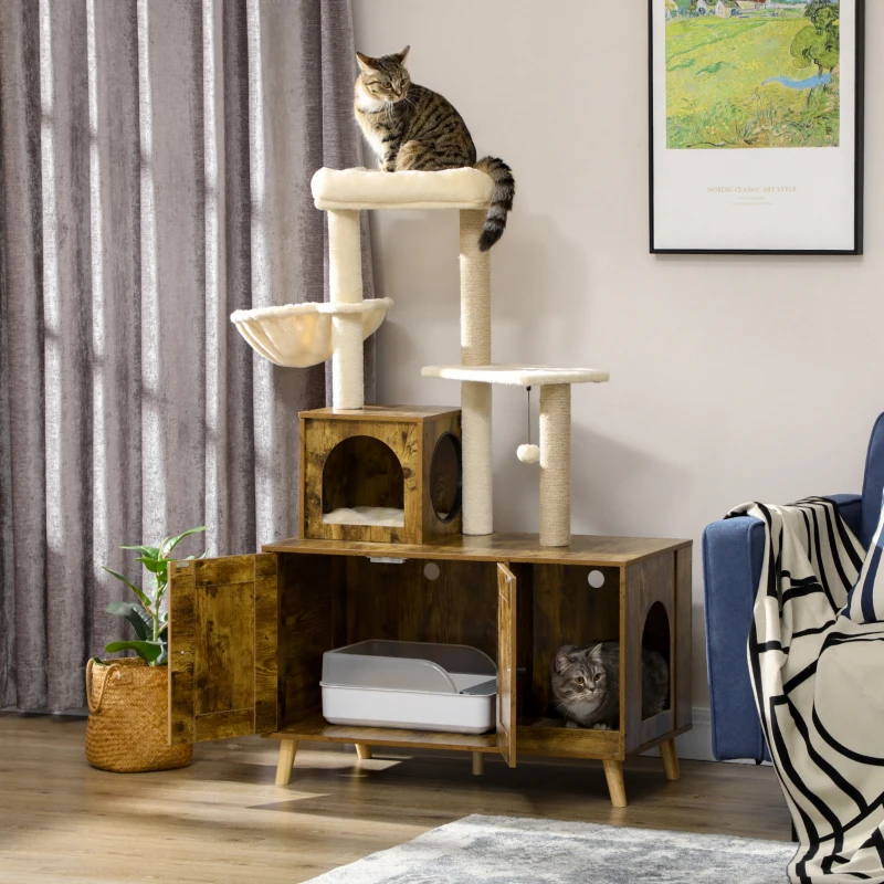 Bac à litière avec tour d’arbre à chats, mobilier de toilette pour chats caché avec appartement, griffoirs, grande plateforme, hamac et coussin doux. – Image 3