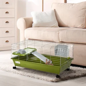 Cage pour cochons d’Inde avec gamelle à nourriture, gourde, mangeoire à foin, plateforme, et rampe.