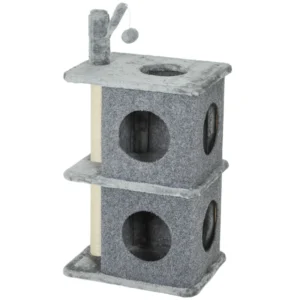 Tour à chats à plusieurs niveaux avec 2 appartements et perchoirs moelleux.
