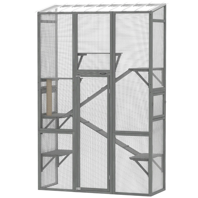 Enclos extérieurs pour chats en bois Wood Catio avec 6 plateformes de saut, griffoir, 2 rampes, toit étanche – Image 3