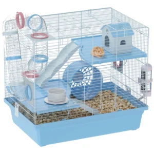 Cage pour petits animaux à 3 étages avec roue d’exercice, gamelle alimentaire, gourde, maison, tunnels, et rampes