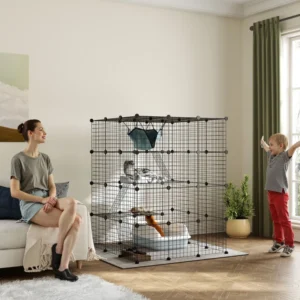 Cage pour chats 4 niveaux en intérieur, Catio pour 1 à 3 chats avec hamac, 5 portes, 3 rampes, 3 plateformes de saut, pour 1 à 3 chats