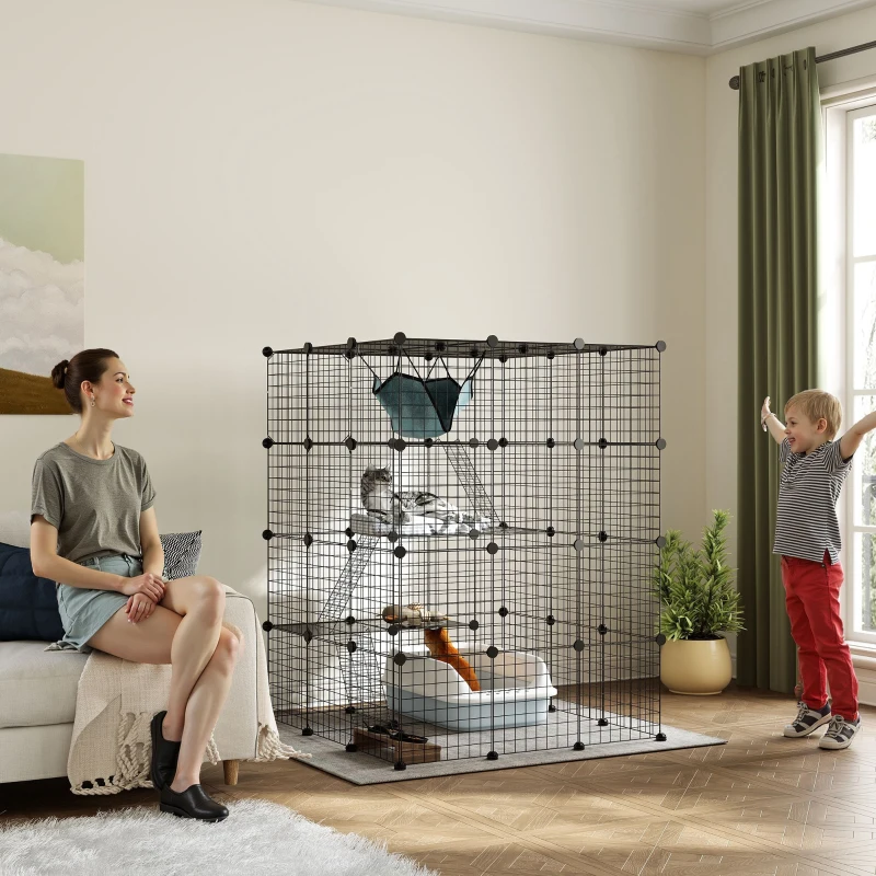 Cage pour chats 4 niveaux en intérieur, Catio pour 1 à 3 chats avec hamac, 5 portes, 3 rampes, 3 plateformes de saut, pour 1 à 3 chats