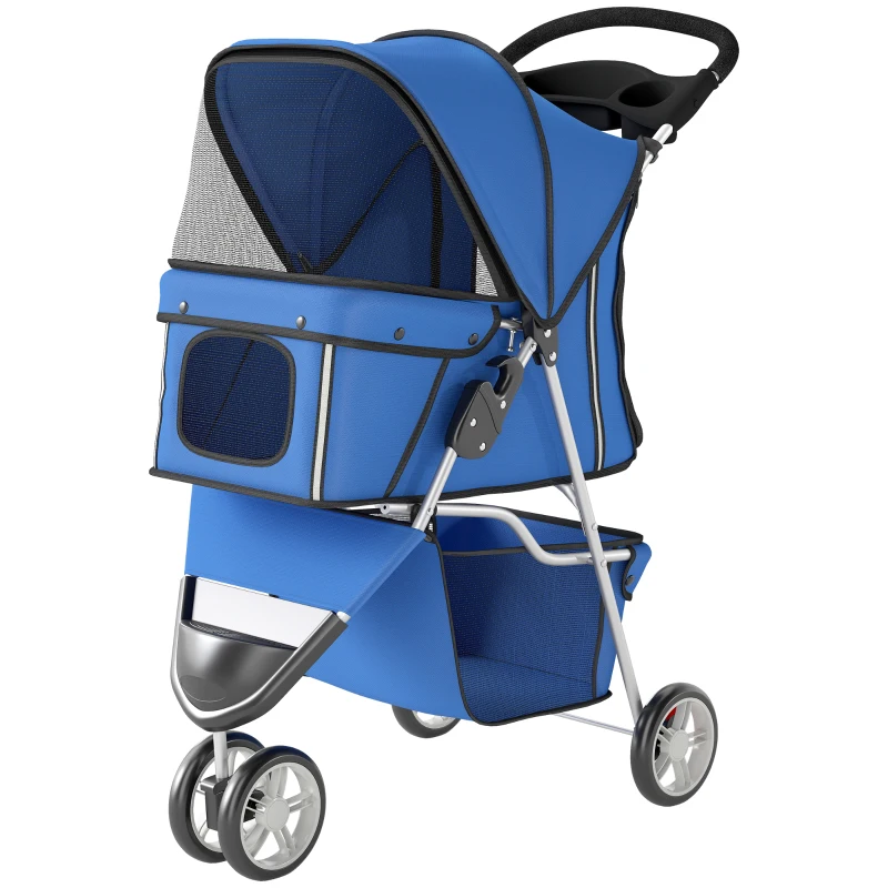 Poussette pliante 3 roues avec panier de rangement, auvent réglable, porte gobelet pour petits chiens miniatures et petits