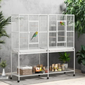 Nichoir à oiseaux roulant de 64" avec support roulant amovible, étagère de rangement, contenant alimentaire pour perchoir en bois.