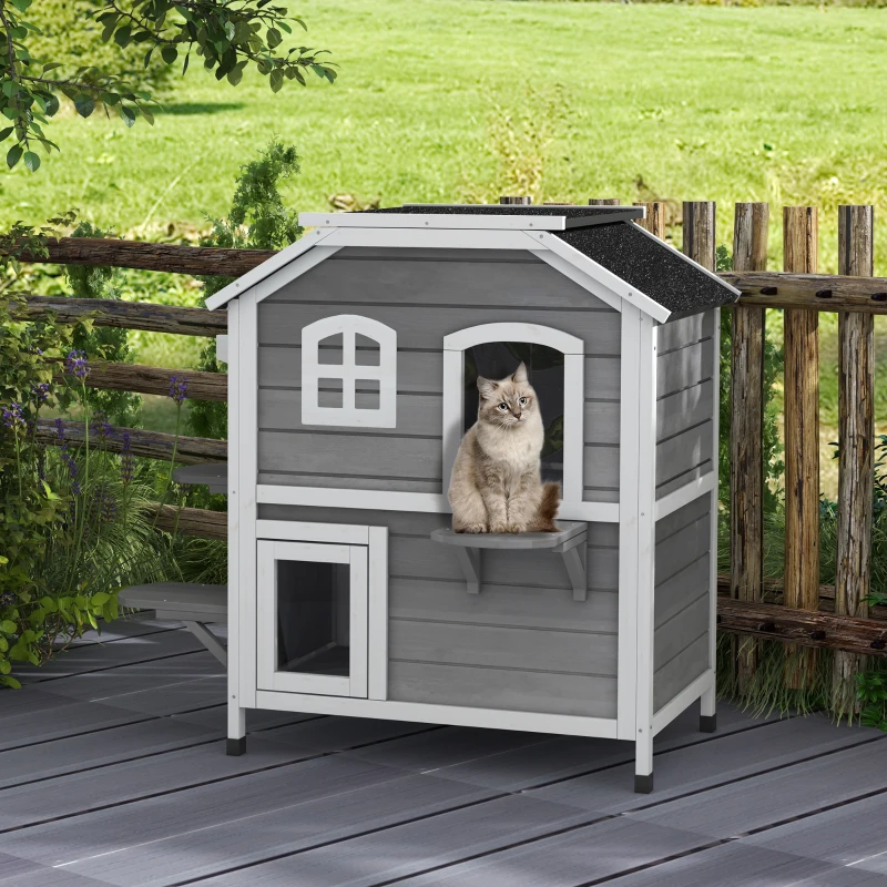 Maison extérieure à chat, deux étages en bois avec toit ouvrable, espace salon, entrées amusantes pour chats