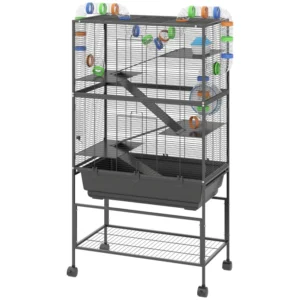 Cage à hamster à roulettes 5 étages avec plateau de 7" de profondeur, étagère de rangement, grande roue d’exercice, système de tubes, Gerbille et Rat.