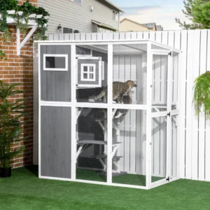 Cat Catio en bois, jardinier extérieur de 66,5"L avec toit en PVC de protection contre les intempéries, plusieurs plateformes, portes verrouillables, condo de repos, fenêtre d’observation.