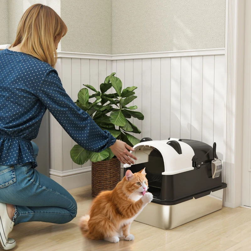Bac à litière pour chat XL en acier inoxydable avec couvercle, litière fermée avec cuillère. – Image 2
