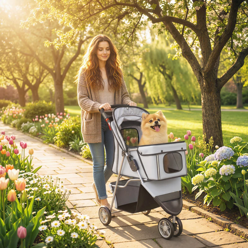 Poussette pliante 3 roues avec panier de rangement, auvent réglable, porte gobelet pour petits chiens miniatures et petits – Image 7