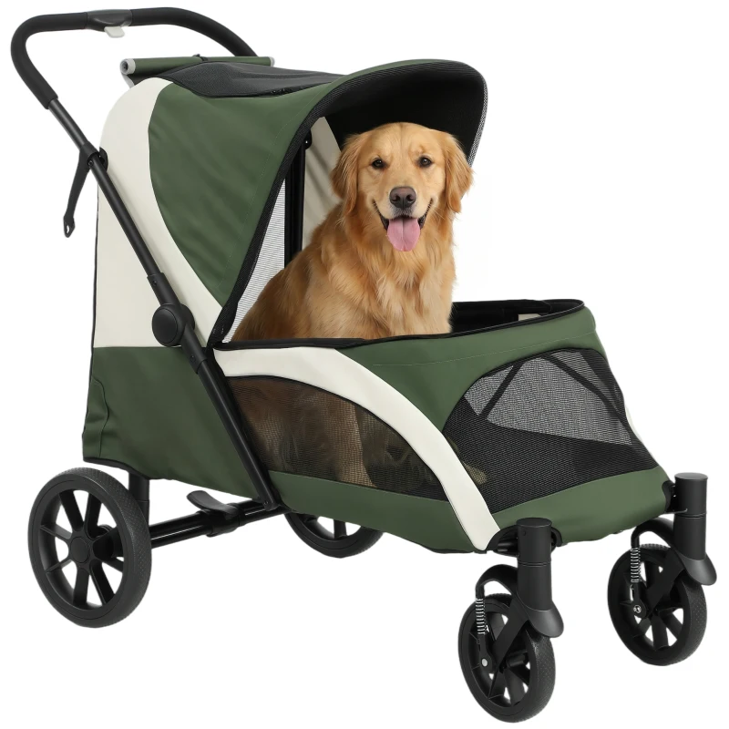 Poussette pliante pour chiens de grande taille avec quatre grandes roues, cadre absorbant les chocs, laisses de sécurité, et freins au pied – Image 6