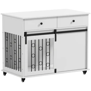 Meubles avec 2 tiroirs, roues, porte coulissante, cage pour chiens de taille moyenne.