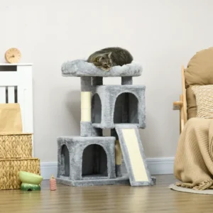 Centre d’activités tour de chats en peluche avec griffoir en sisal et planche à griffoir, et appartement.