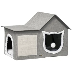Grand lit pour chat à l’intérieur, refuge pour chats avec coussin doux, grattoir, balle pendante, entrées doubles,