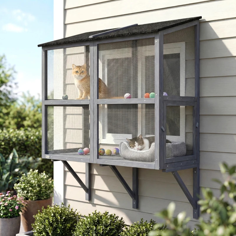 Terrier extérieur pour chats Catio Jardinier extérieur mural sur 2 niveaux avec toit étanche – Image 2